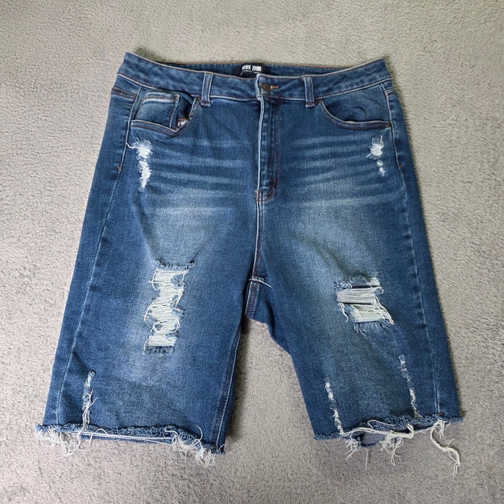 Wax Jean Womens 3XL Bermuda Shorts Blue Distressed Frayed Hem High Rise Denim